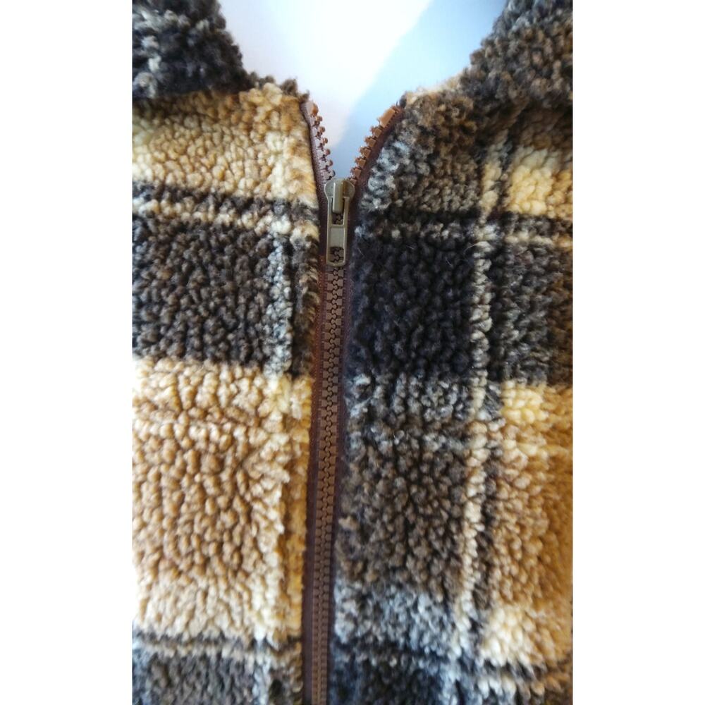 Romwe Lumberjane Cropped plaid Teddy sweater jacket zip brown 100% cotton - Picture 3 of 10